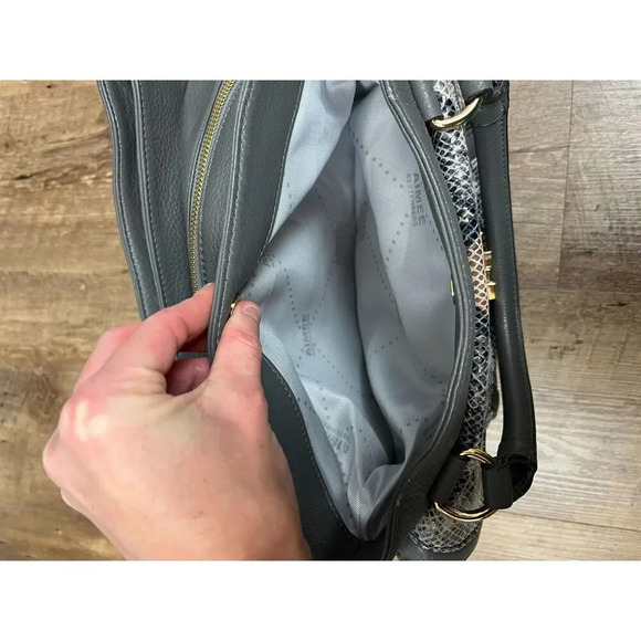 Aimee Kestenberg Leather Snakeskin Print Shoulder Bag Purse Gray 12X15 Gold Tone - Picture 9 of 16